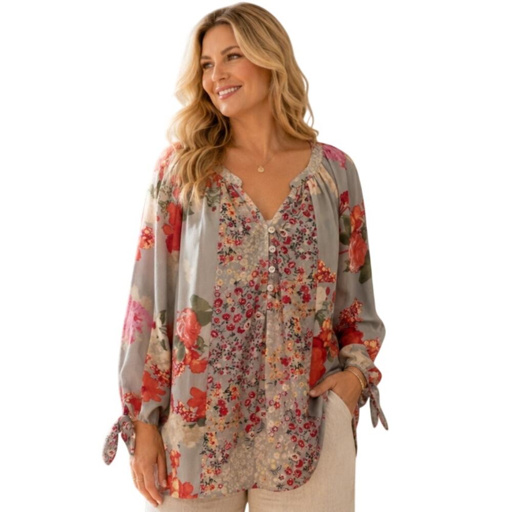 Fig and Flower Popover Top Womens Size Medium Mixed Floral Oversized Boho Blouse